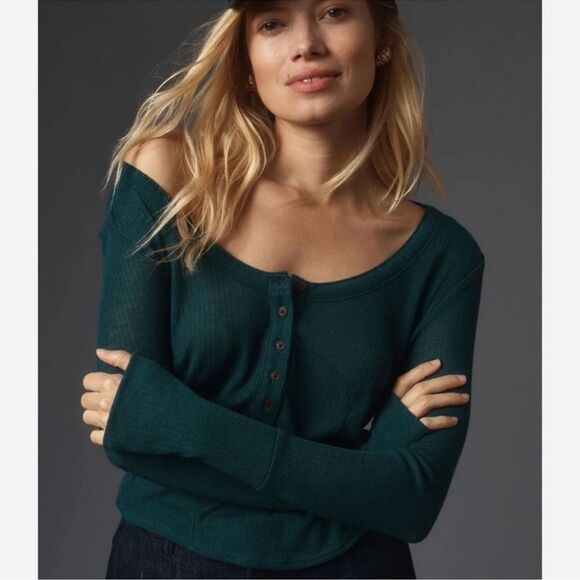 NWT ANTHROPOLOGIE PILCRO Andie Ribbed Tissue Top Teal Women’s Size Medium - Picture 2 of 9